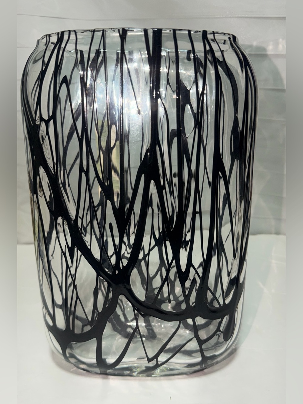 Clear And Black Glass Oval Murano Style Expressionistic Vase